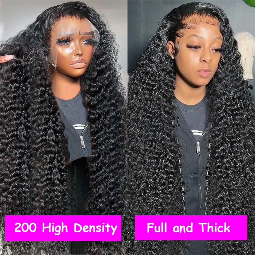 Rozilo Aomllute 30 Inch Deep Wave Lace Front Wigs Human Hair 200 Density 13x4 HD Lace Frontal Wigs Human Hair Pre Plucked Deep Curly Glueless Wigs Human Hair for Women Natural Black