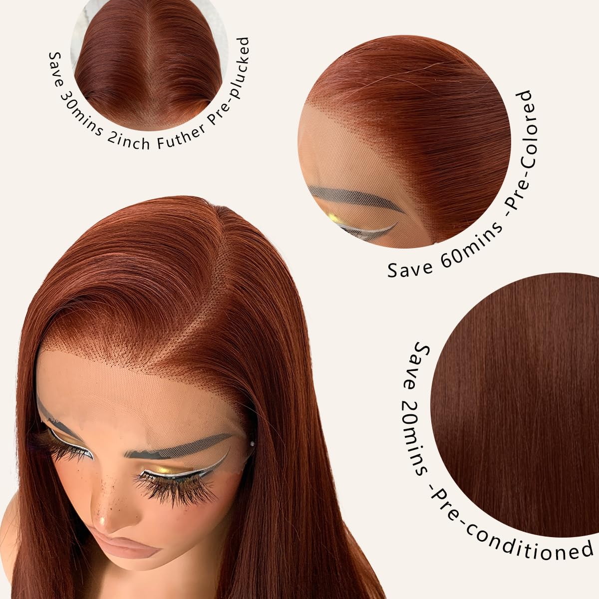 BlackSwern 13x6 Reddish Brown Lace Frontal Wigs, HD Glueless Synthetic Straight Lace Front Wig Pre-Plucked, Ready to Wear Similar Human Hair 200 Density, 32inch #33b reddish brown