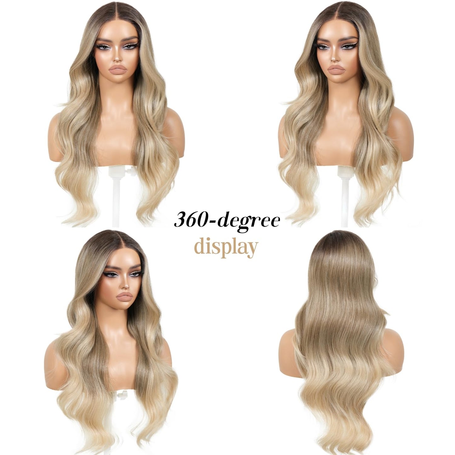 ENCOUNTERU Ombre Blonde Wear and Go Glueless Wig with Bangs Pre Plucked Body Wave Synthetic Lace Front Wigs for Women 13x5x1 Pre Cut Lace Dirty Blonde Wig Middle Part 26 Inch