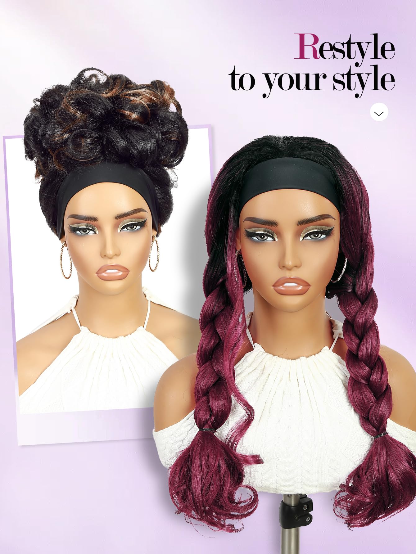FANCEE Yaki Wavy Headband Wigs Ombre Brown Kinky Straight Wear and Go Wig with Curly Wavy Ends for Mom on the Go Synthetic Headband Blow Out Style Natural Hair Wig for Black Women 0T/30