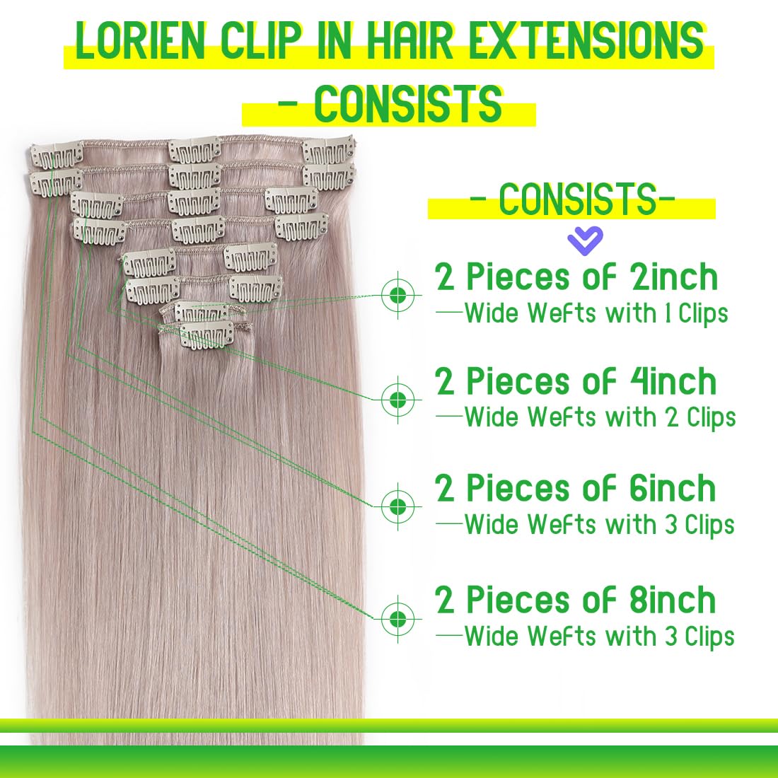 LORIEN Silver Grey Clip in Hair Extensions Real Human Hair Clip ins Remy Human Hair Clip in Extensions Invisible Natural Straight Seamless Clip on Hair Extensions 8pcs Double Weft 18 Inch 100g