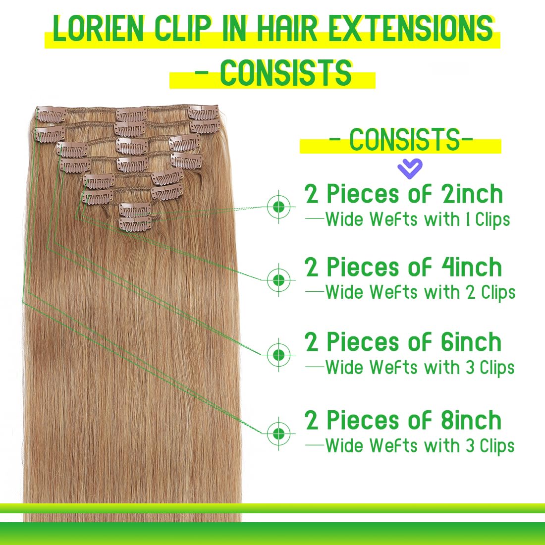 LORIEN Clip in Hair Extensions Real Human Hair, 24 Inch 120g, 27 Honey Blonde, Clip in 100% Brazilian Remy Human Hair Extensions 8pcs Per Set with 18 Clips Double Weft