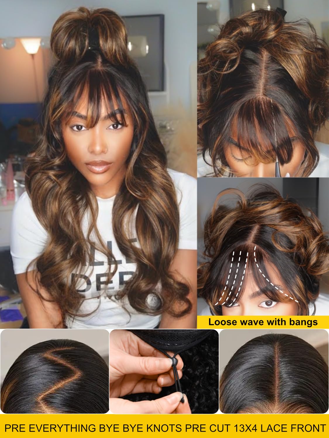Sunber Ombre Brown Loose Body Wave With Bangs Pre Everything Glueless 13x4 HD Lace Front Human Hair Wig 180% Density Highlight Balayage Pre cut Lace Pre Plucked Bye Bye Knots Drawstring Wig 22Inch