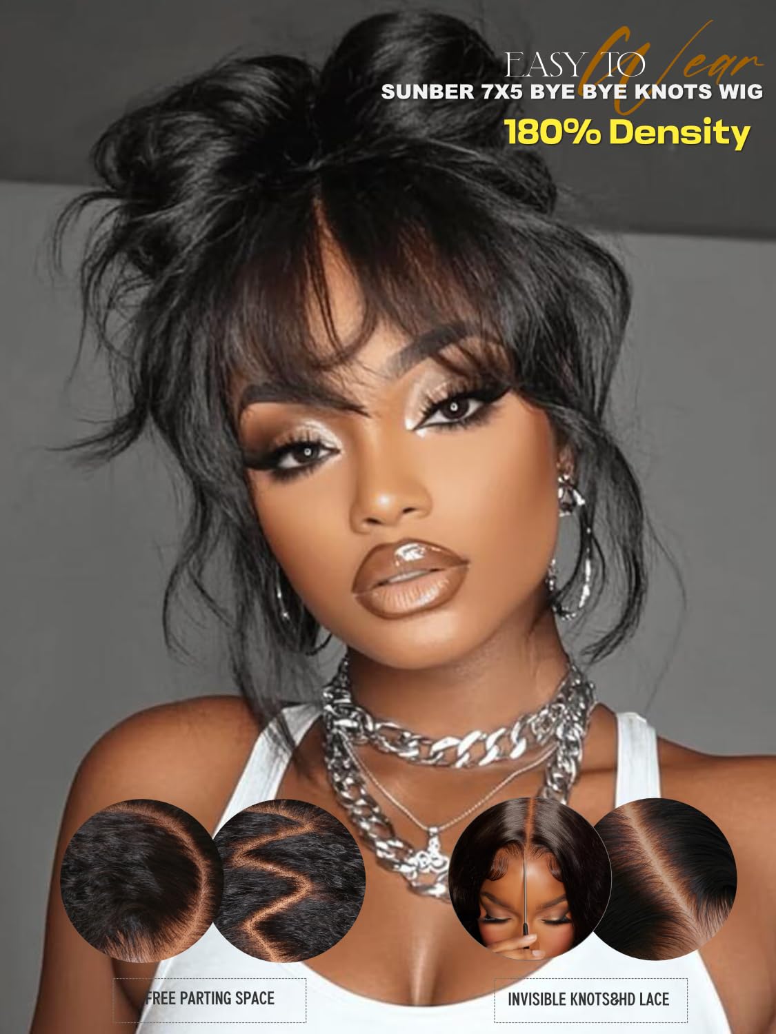 Sunber Bye Bye Knots 7x5 Lace Front Glueless Fluffy Natural Loose Wave Curtain Bangs Wig 180% Density Human Hair Wigs Pre Plucked Invisible Knots Pre Everything 3S Ready to Wear 18Inch