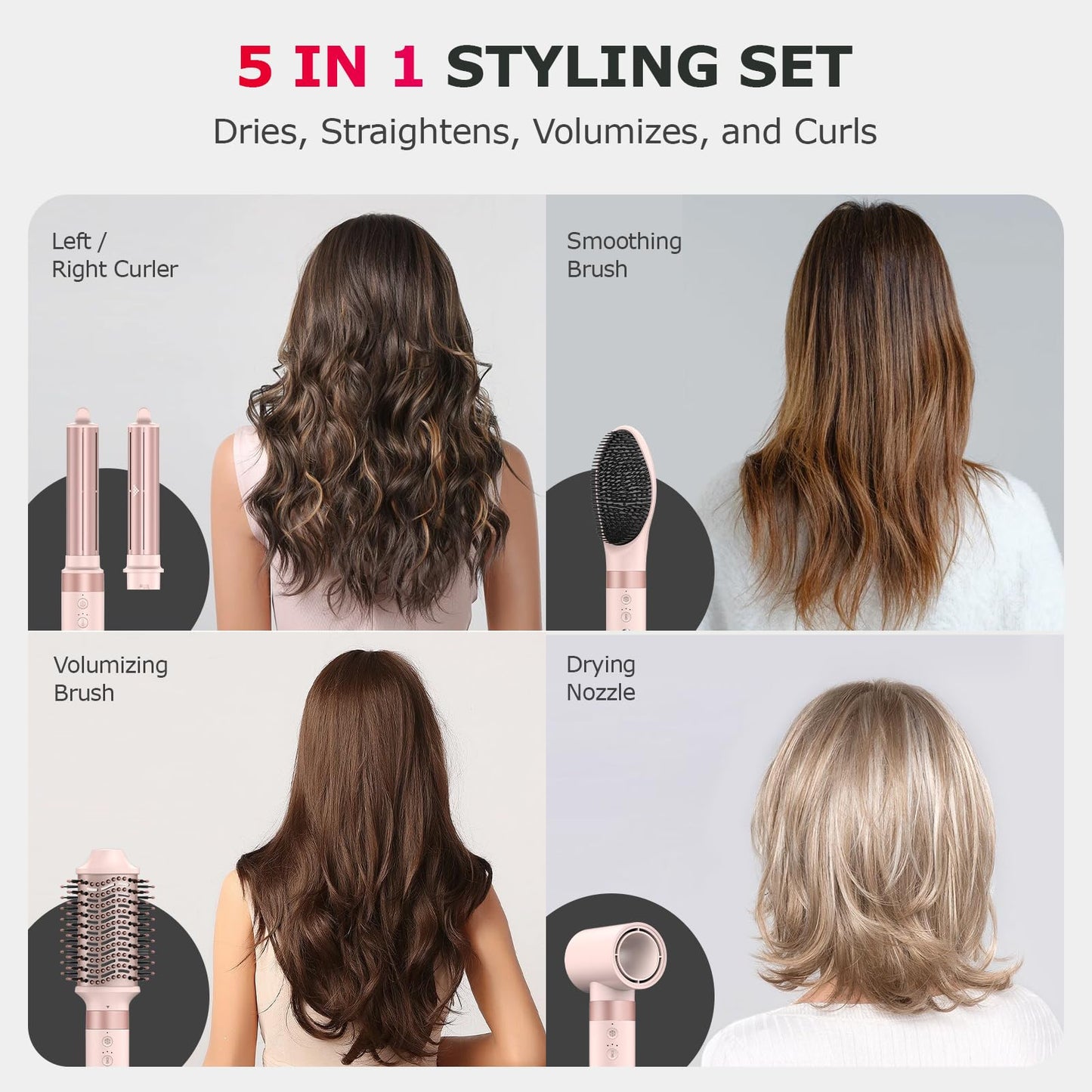 MESCOMB 5 in 1 High-Speed Hot Air Styler - Professional Frizz-Free Blow Dryer Brush, Fast Drying, No Heat Damage - Curl, Volumize, Straighten with Travel Bag