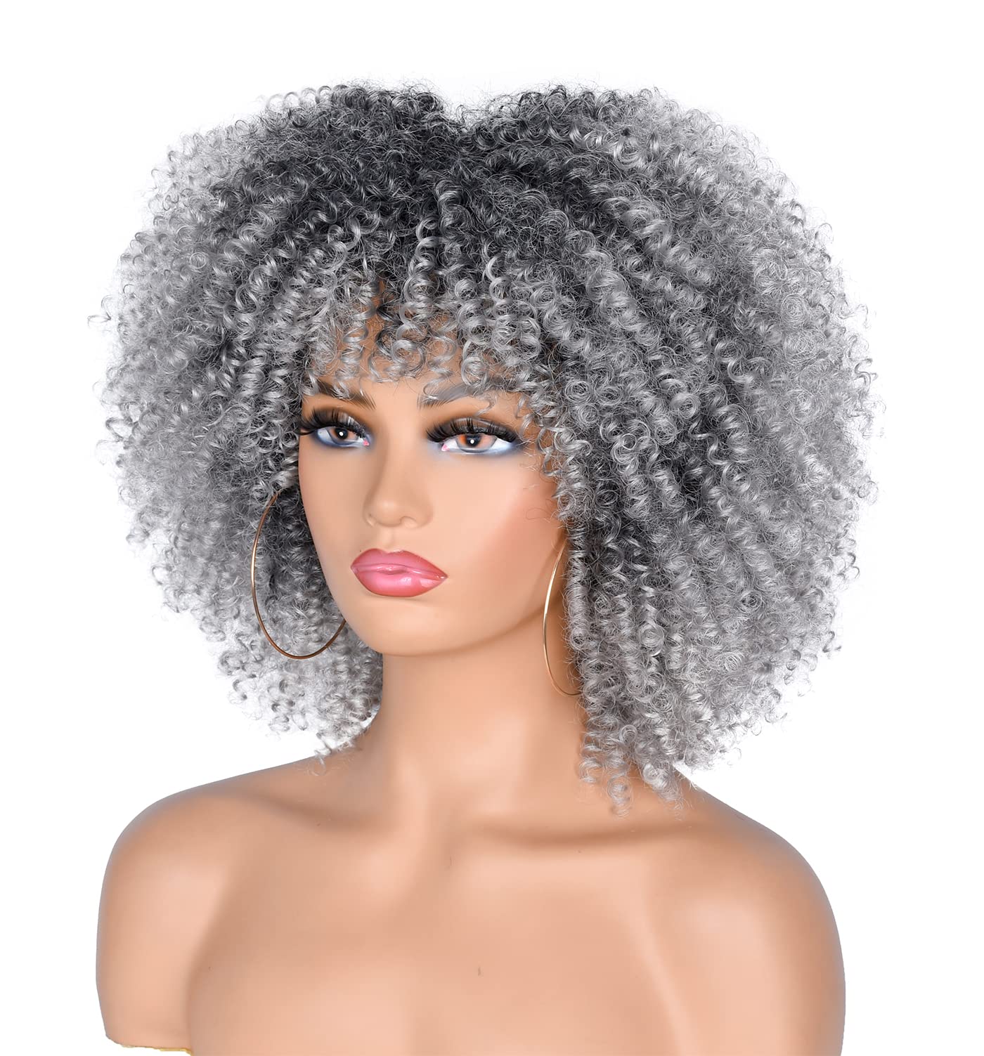ANNISOUL 10Inch Short Curly Afro Wigs for Black Women Bomb Afro Kinky Curly Wig with Bangs Synthetic Fiber Full Wig(Ombre Grey)