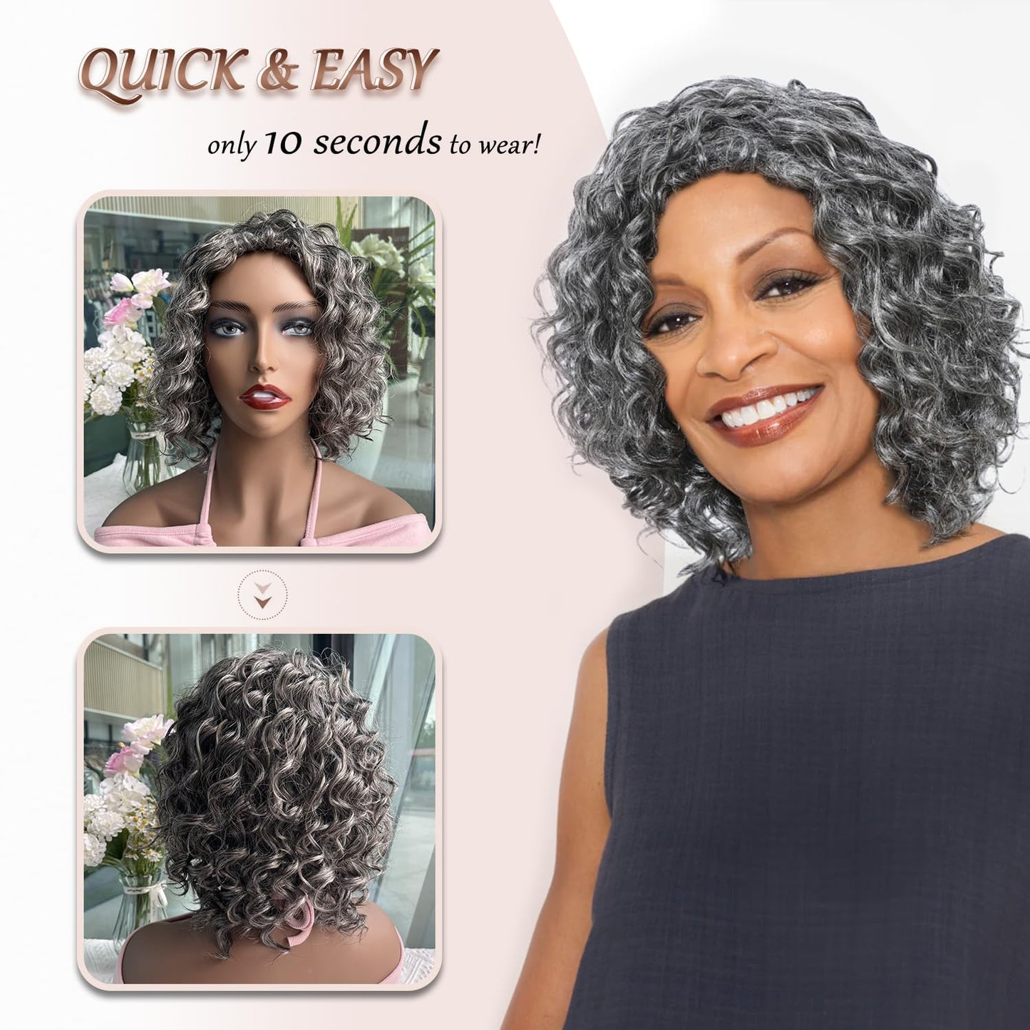 HUA Salt and Pepper Grey Wigs Human Hair for Black Women Glueless Deep Wave Grey Human Hair Wig for Older Women Gray Wigs for Mom Mixed Little Synthetic Bob Wear and Go Glueless Gray Wig