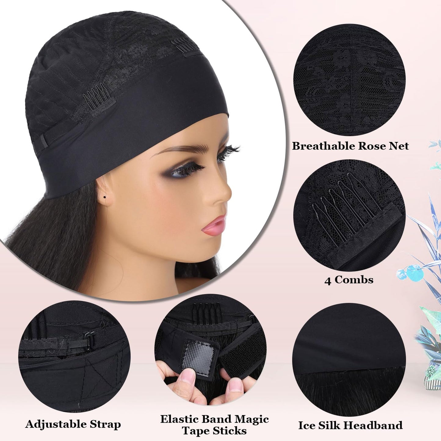 G&T Wig Yaki Straight Headband Wigs for Black Women Synthetic Yaki Headband Wig Long Kinky Straight Hair Wigs With Hair Band Attached 18 inch Full Machine Made None Lace Front Wig Natural Black Color