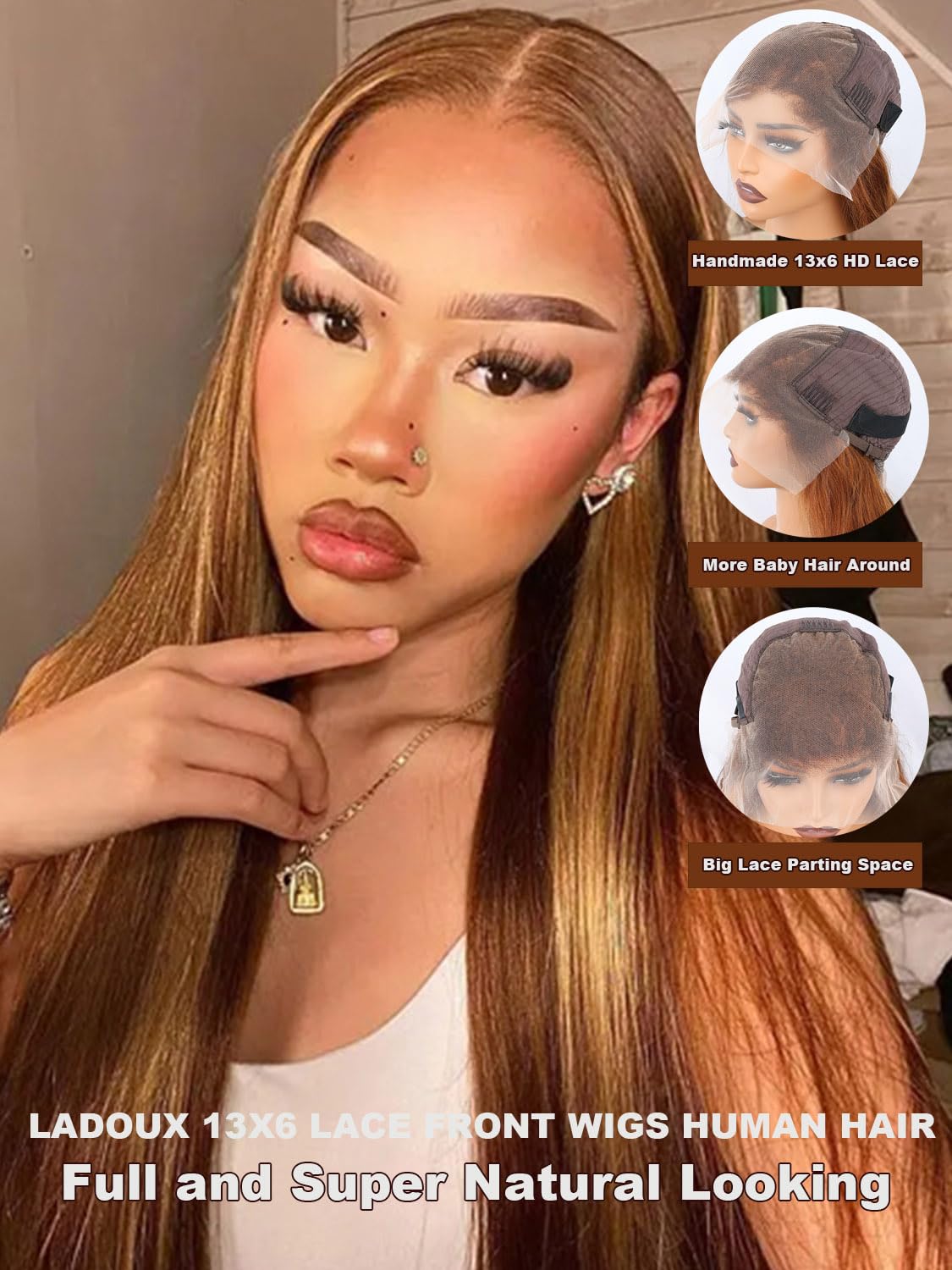 Ladoux Ombre Honey Blonde 13x6 HD Transparent Straight Lace Front Human Hair Wigs for Women 180% Density 4/27 Colored Highlight Curly Glueless Straight Wigs 20Inch Pre Plucked with Baby Hair