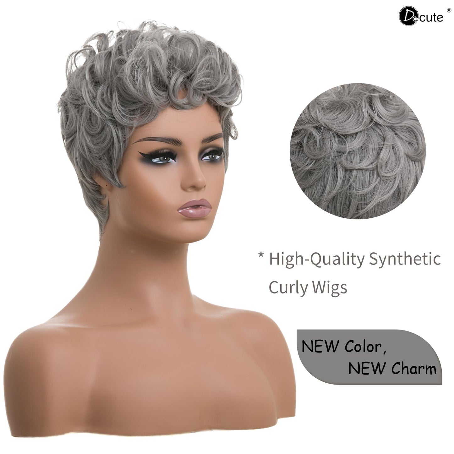 DOcute Gray Wig for Black People Pixie Cut Wig with Bangs Short Pixie, Curly Wig for Black Women, Fluffy Pixie Curly Wig for Women Natural Wavy Short Gray Pixie Cut (Grey)