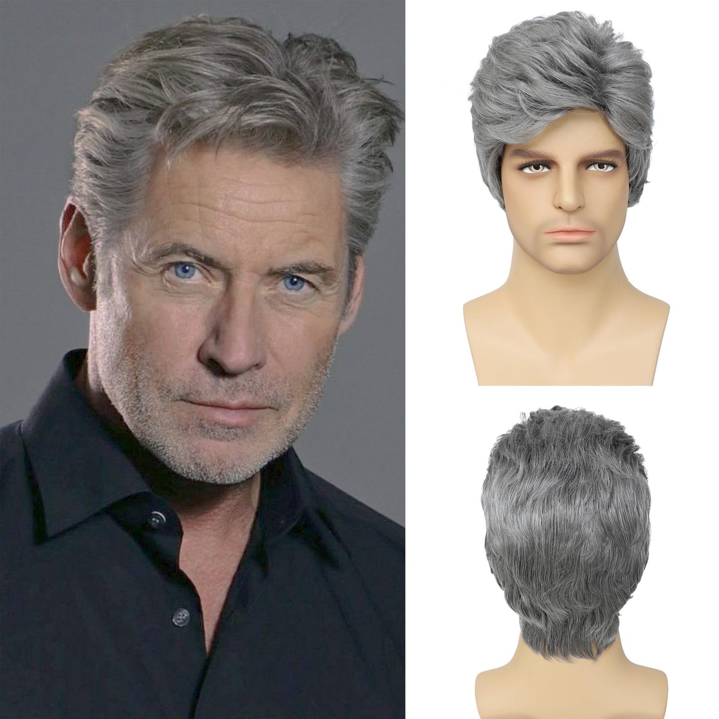Grey Men's Wig,Short Silver Gray Wig Synthetic Side Part Heat Resistant Natural Halloween Cosplay Hair Straight Wig for Male