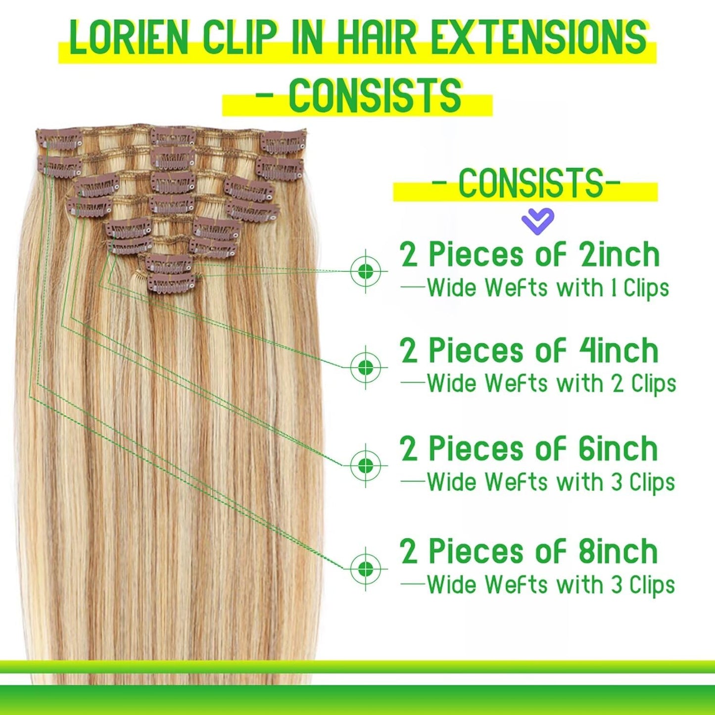 LORIEN Clip in Hair Extensions Real Human Hair, 22 Inch 110g, 18/613 Dark Blonde Highlighted Bleach Blonde, Clip in 100% Brazilian Remy Human Hair Extensions 8pcs Per Set with 18 Clips Double Weft