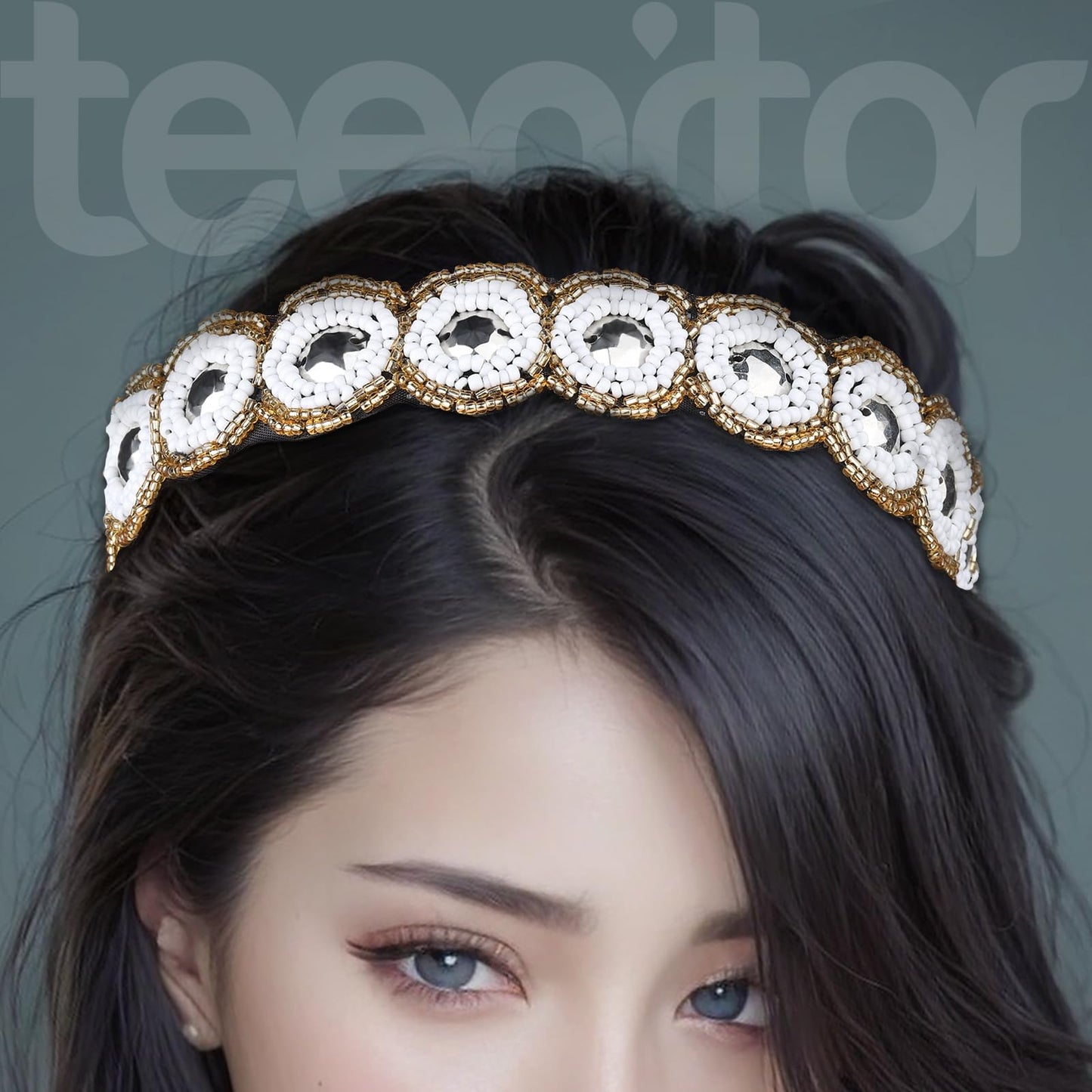 Teenitor 5pcs Hairbands for Women, 5 Rhinestone Beaded Headbands, Head Bands for Women's Hair Fashionable Handmade Crystal Beaded Elastic hairbands, 20-26.8"(51-68cm), 1 Count (Pack of 5), HAIRBAND