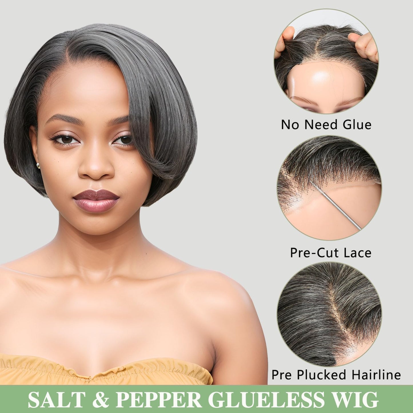 HANASCC 8" Glueless Straight Bob Salt and Pepper Wigs Human Hair Pre Plucked Gray Human Hair Wigs Short Pixie Cut Bob Wig Pre Cut 5x5 Closure HD Transparent Grey Lace Front Wigs for Women