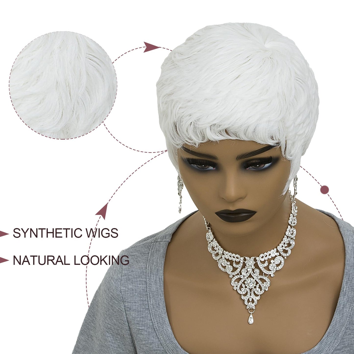BOBCOO White Short Pixie Wigs for Black Women,Natural Wavy Synthetic Hair with Lightweight Cap, Soft Textured Short Bob Cut Wig(White)