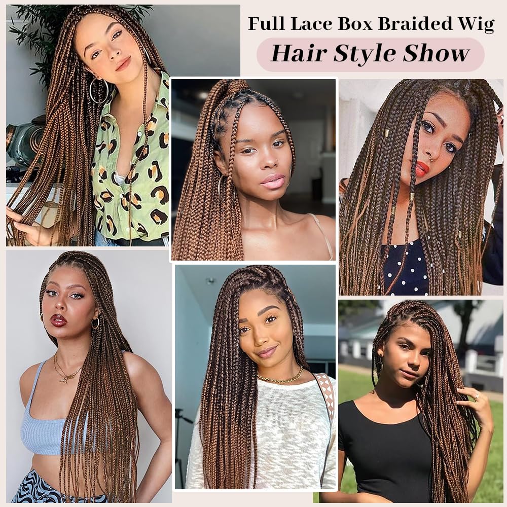 Suntefic Box Braided Wigs for Black Women Glueless Box Braids Wig with Baby Hair Double Full Lace Front Braid Wig Human Hair Blended Braided Wigs Box-1BT30