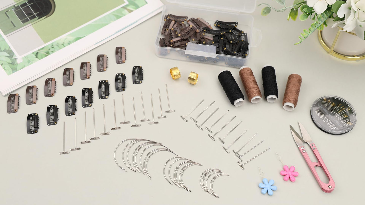 120 pcs Hair Extension Clips, Complete Hair Extensions Clip Wig Making Set, Wig Clips for Hair Extensions Include Hair Sewing Needles and Threads