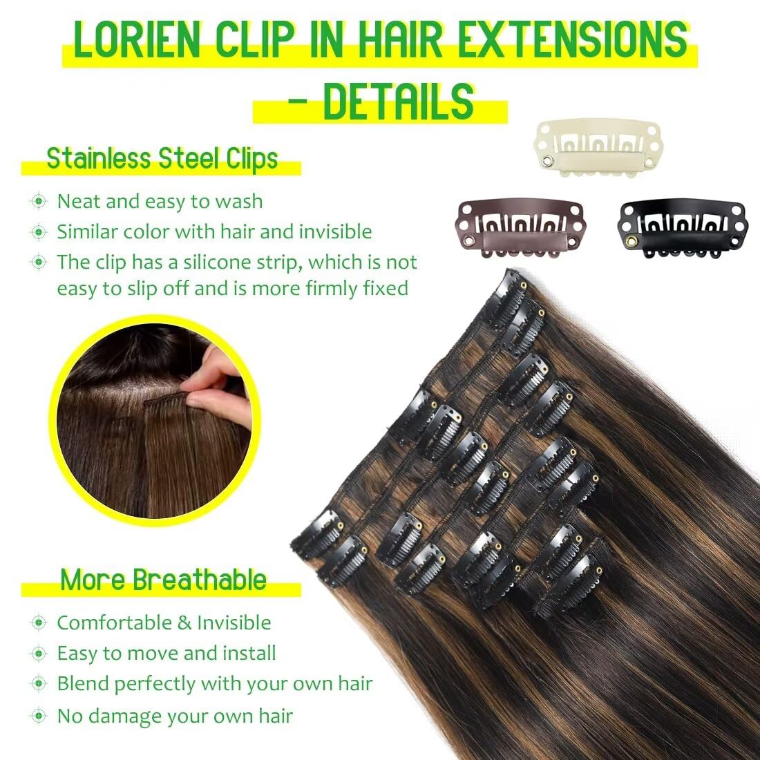 LORIEN Clip in Hair Extensions Real Human Hair, 18 Inch 100g, 1B/6 Natural Black to Chestnut Brown, Clip in 100% Brazilian Remy Human Hair Extensions 8pcs Per Set with 18 Clips Double Weft