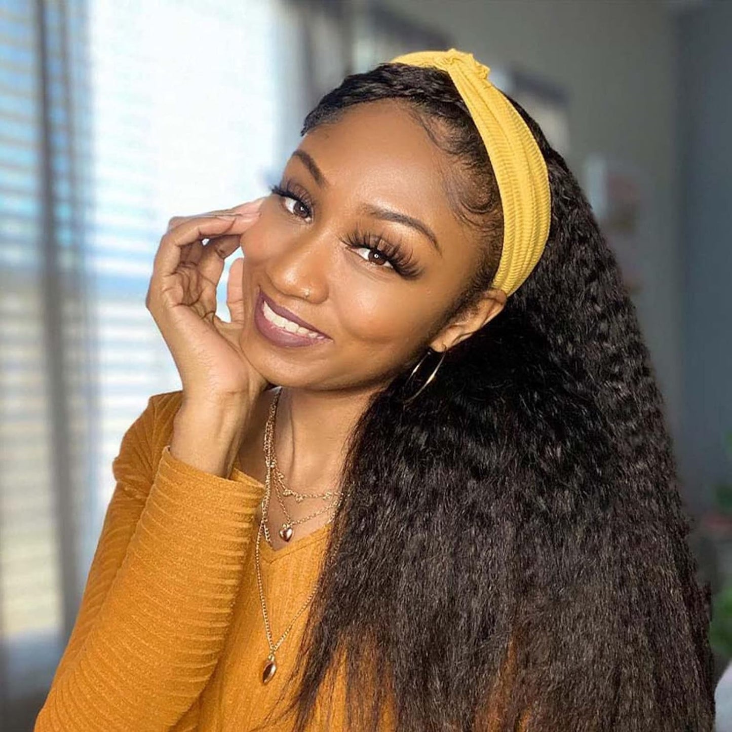G&T Yaki Straight Headband Wigs for Black Women - Synthetic Long Kinky Straight Hair Wigs With Hair Band Attached Half Wig - 26 inch Full Machine Made None Lace Front Wig