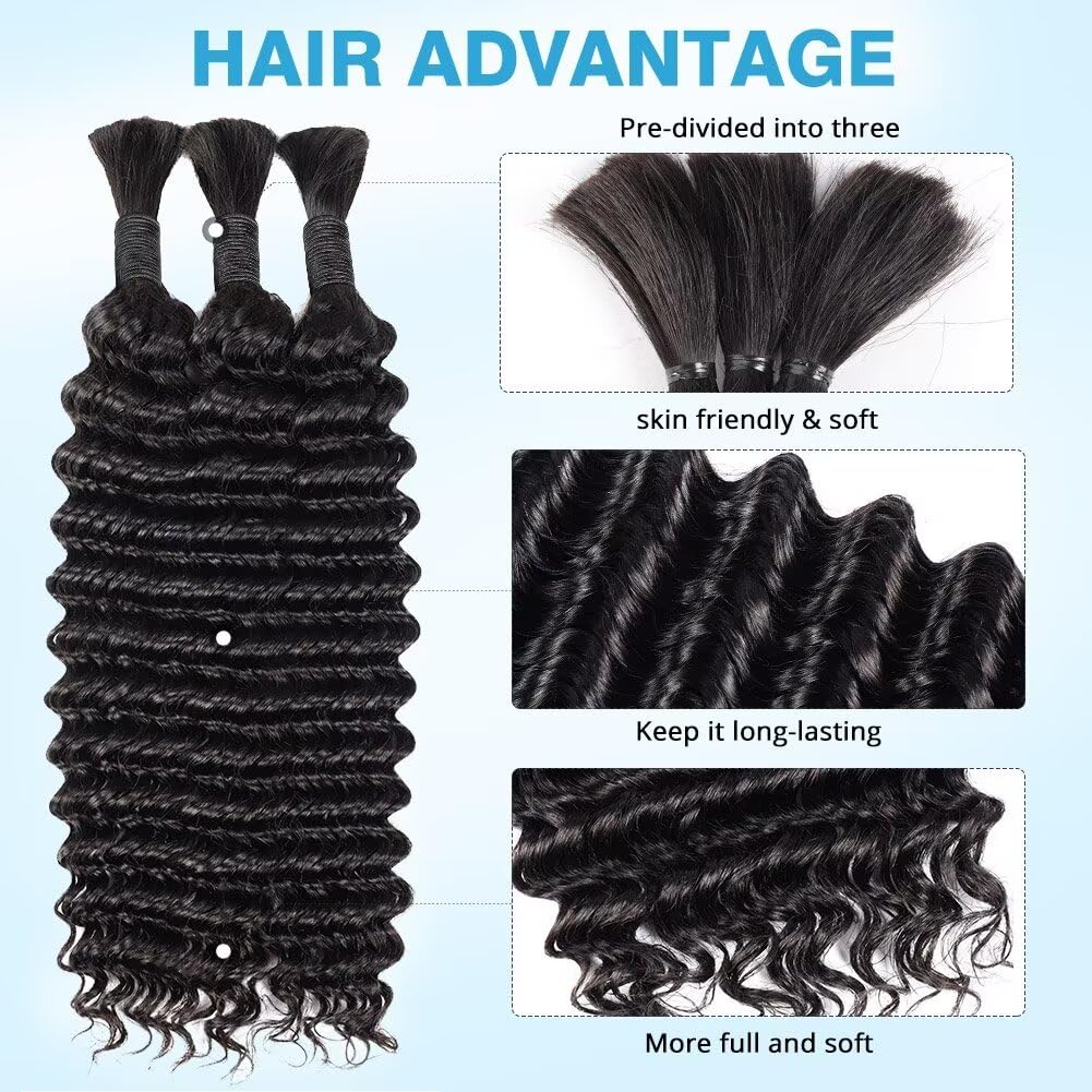 Human Braiding Hair Deep Water Wave Bulk Human Hair 150g 24 Inch Curly Human Hair for Boho Braids Hair Extensions No Weft 3 Braids Per Pack Wet and Wavy Human Hair Braiding Hair Natural Color