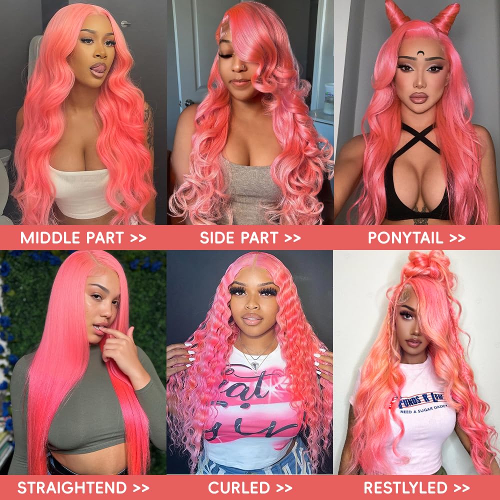Pink Lace Front Wigs Human Hair Pre Plucked 200% Density Body Wave Pink Wig Human Hair 13x4 HD Lace Frontal Wigs Colored Human Hair Wig Glueless Wigs Human Hair 32 Inch