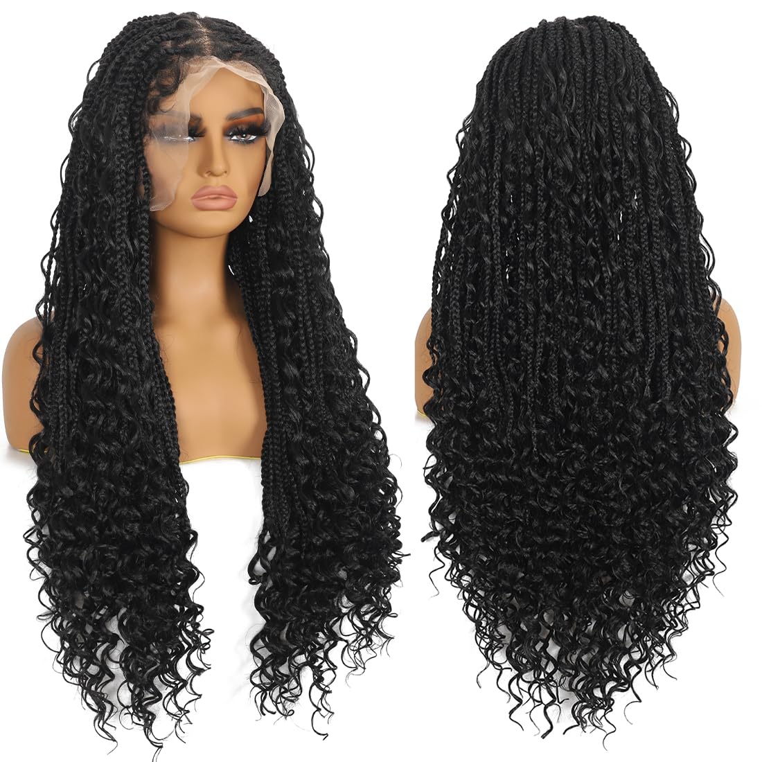 28 Inch Lace Front Braided Wigs for Black Women Knotless Braids Wigs Bohemian Boho Braids Goddess Box Braided Wig with Baby Hair (Black, 28 inch)