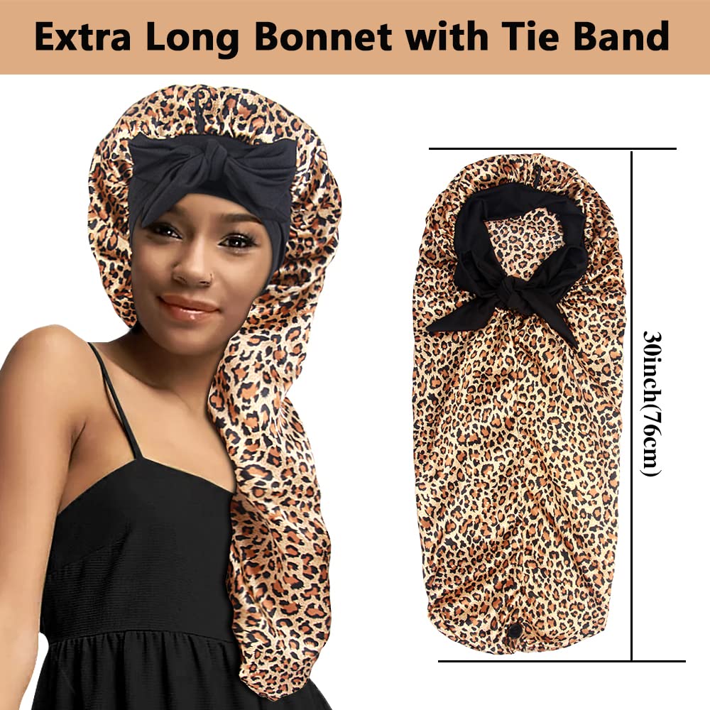 2pcs Long Satin Bonnets with Tie Band, Large Braid Bonnet Silky Hair Cap for Locs Women Sleeping, B