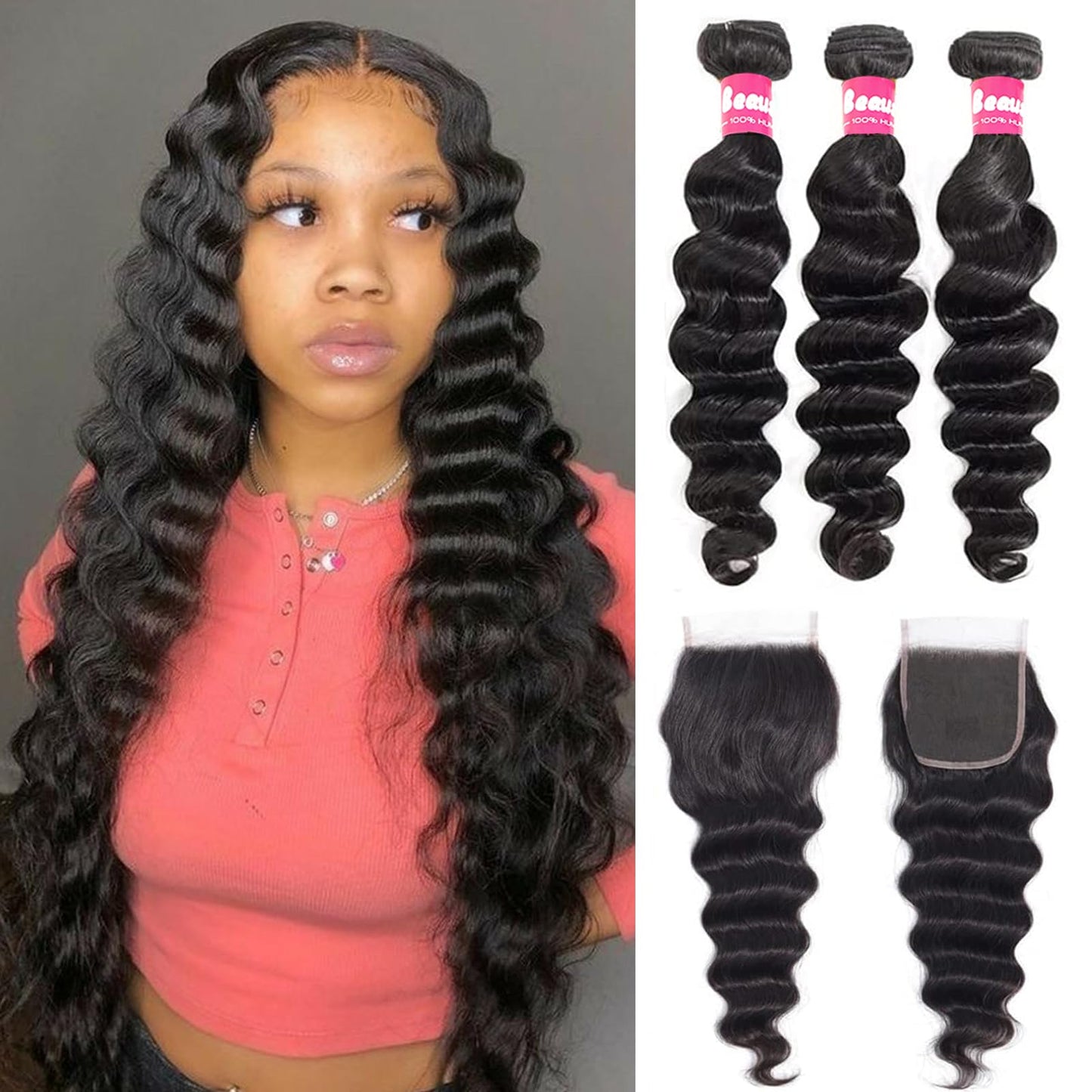 Beaushine Human Hair Bundles with Closure Loose Deep Wave Bundle Human Hair(12 14 16+12), 10A Loose Deep Wave Bundles and Closure Unprocessed Brazilian Remy Virgin Human Hair Weave Bundle with Closure