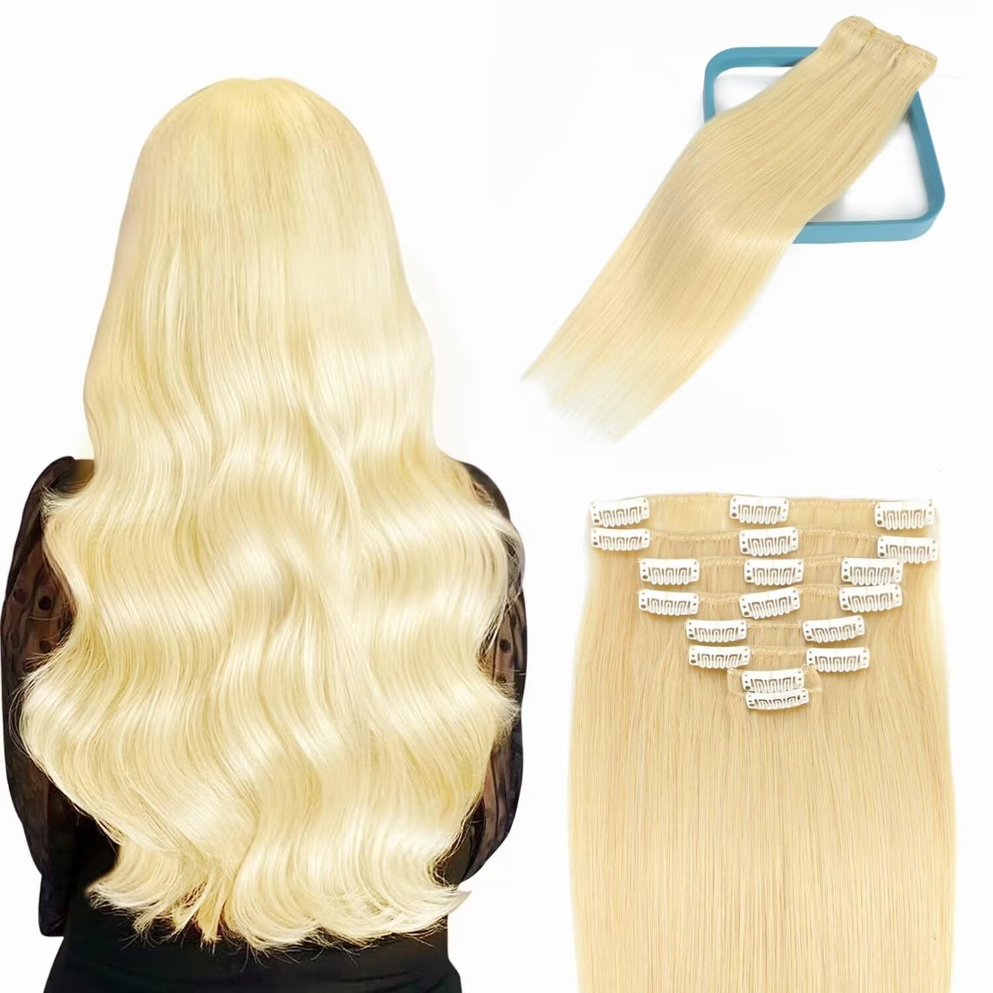 LORIEN Clip in Hair Extensions Real Human Hair, 18 Inch 100g, 613 Bleach Blonde, Clip in 100% Brazilian Remy Human Hair Extensions 8pcs Per Set with 18 Clips Double Weft