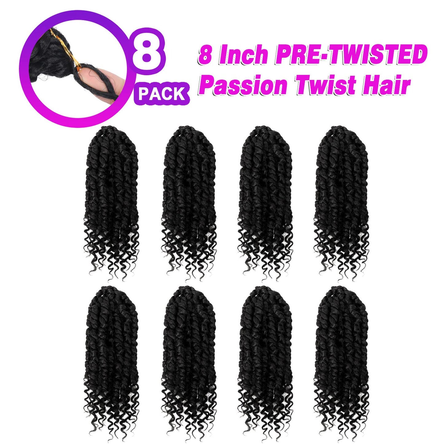 Bileaf 8 Inch Passion Twist Hair 8 Packs Pre-twisted Crochet Hair, Pre-looped Crochet Passion Twist Braiding Hair for Women Girls and Kids Bohemian Passion Twist Hair Extensions 1B
