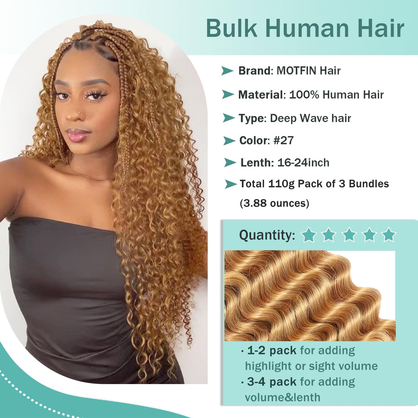 Human Braiding Hair for Boho Braids Human Hair 110g 18 Inch Curly Boho Hair for Braiding Knotless 12A Deep Wave Bohemian 3 Bundles/Pack Caramel Honey Blonde