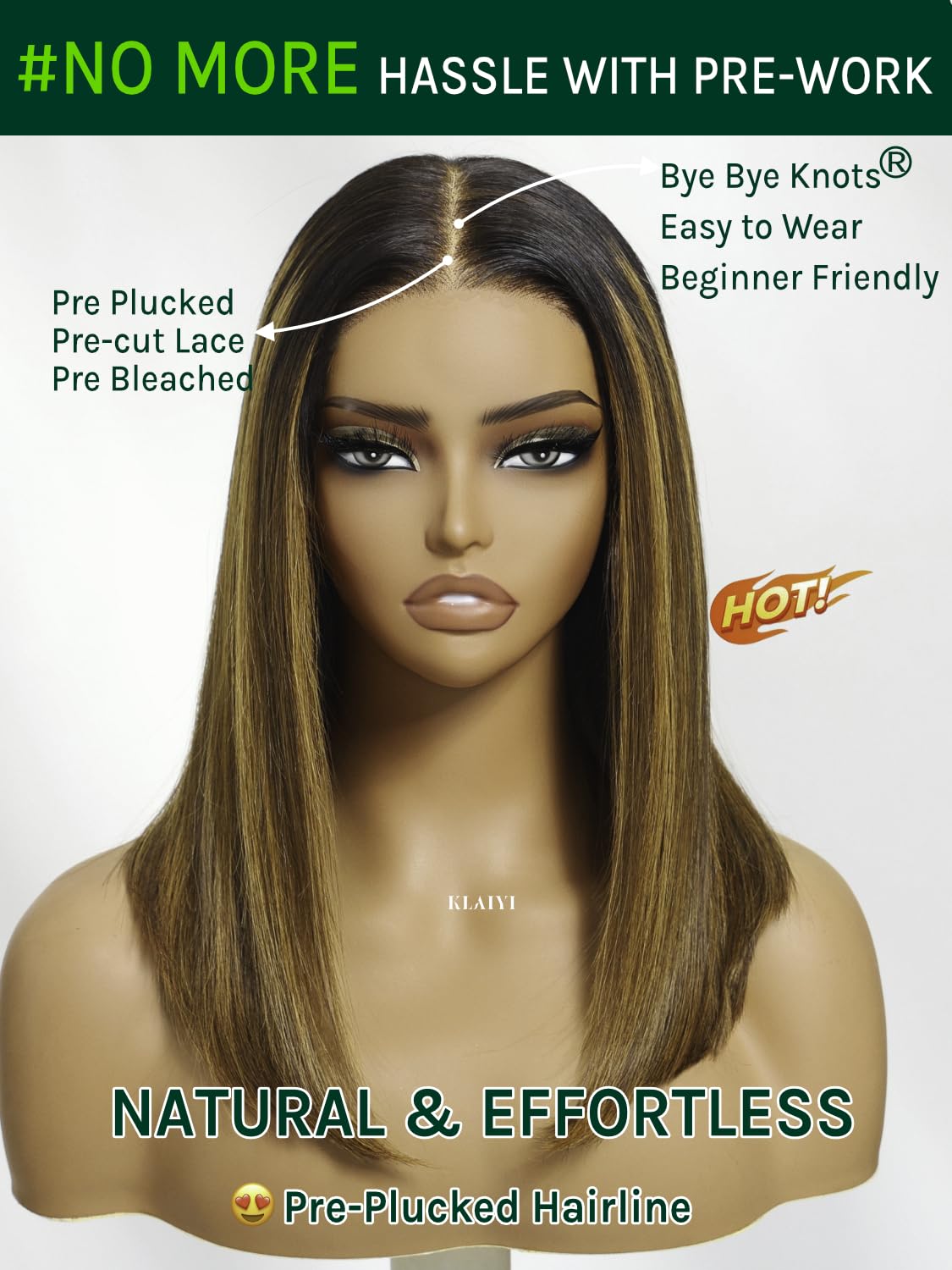 KLAIYI Bye Bye Knots Glueless Wig Ombre Brown with Blonde Bob Straight Precut 7x5Lace Front Human Hair Wig with Dark Roots Pre Plucked Bleached Blunt Cut Balayage Highlight Ready to Wear and Go 14Inch