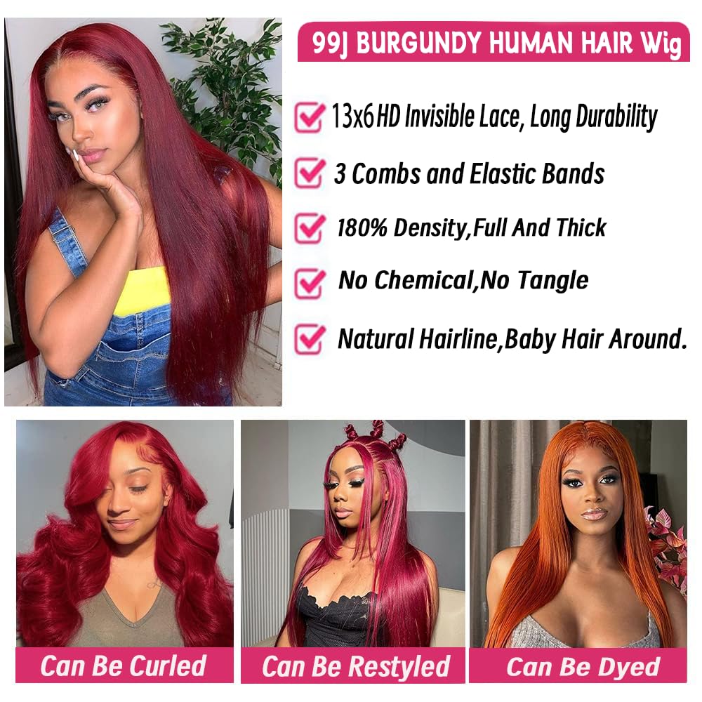 ROLKISA 99j Burgundy Lace Front Wigs Human Hair 30Inch 13x6 Lace Front Wigs Human Hair Straight Red 180% Density HD Lace Front Human Hair Pre Plucked Pre Cut Glueless Wigs Colored For Women