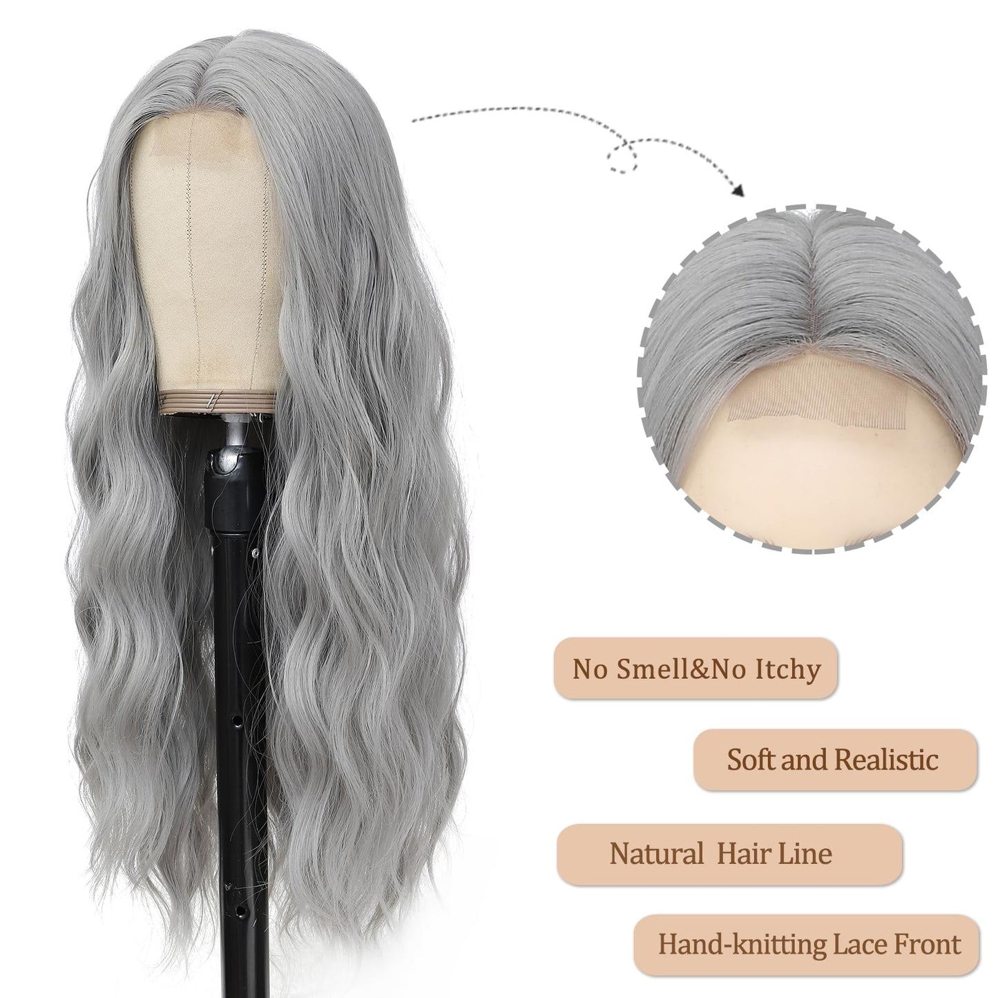 YBYMCAI Grey Wig - Long Sliver Wavy Wigs for Women Middle Part Gray Wig 26 inch Natural Curly Synthetic Wig Heat Resistant Fiber Wigs for Daily Party Use