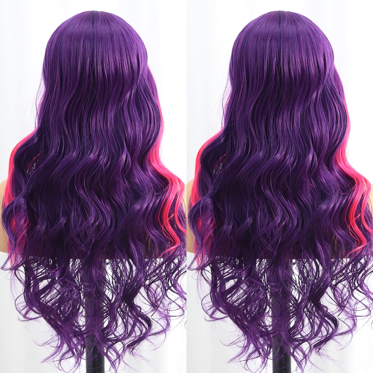 SISIFIRE Purple Red Highlight Long Curly Wavy Wigs for Women Middle Part Synthetic Heat Resistant Fiber Small Lace Wig for Halloween Cosplay Christmas Wigs