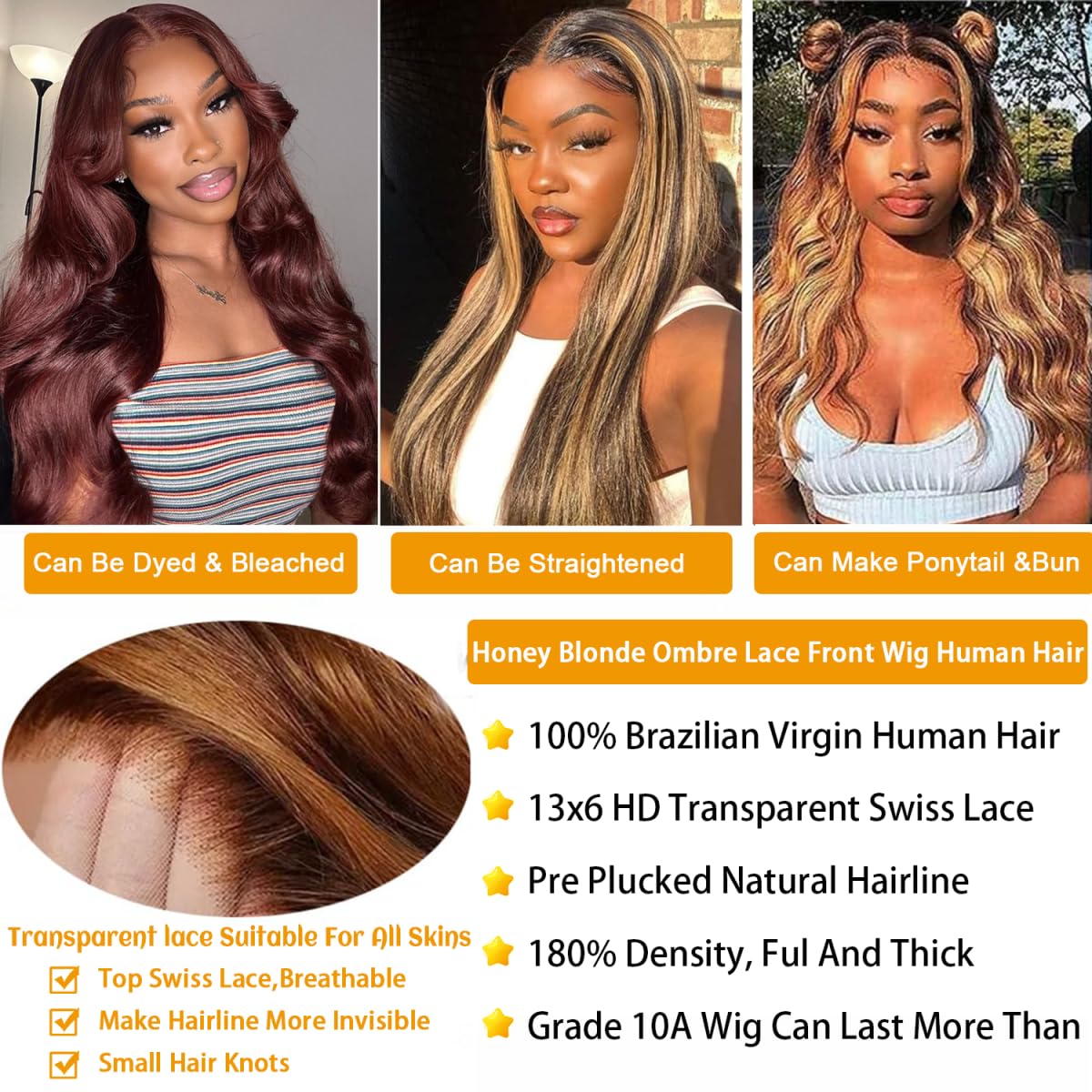 Dewyigs 28 Inch Highlight Ombre Lace Front Wig Human Hair Body Wave Honey Blonde Glueless HD Transparent Lace Frontal Wigs for Women 13X4 Human Hair Pre Plucked with Baby Hair