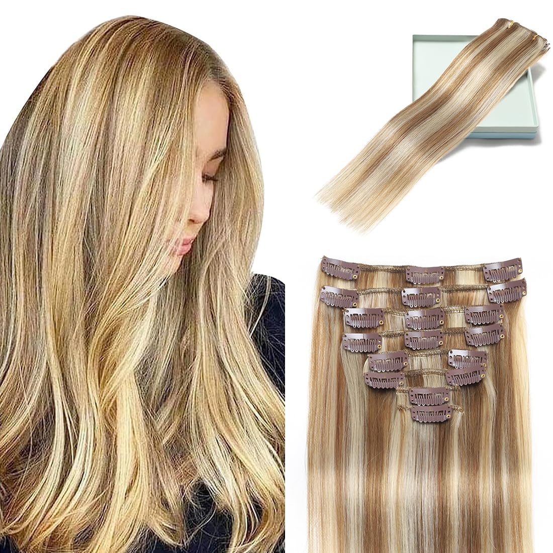 LORIEN Clip in Hair Extensions Real Human Hair, Remy Human Hair Extensions Clip ins for Women, 100% Natural Human Hair, Double Weftm, 18inch 100g 8Pcs, #16/22 Light Blonde to Golden Blonde