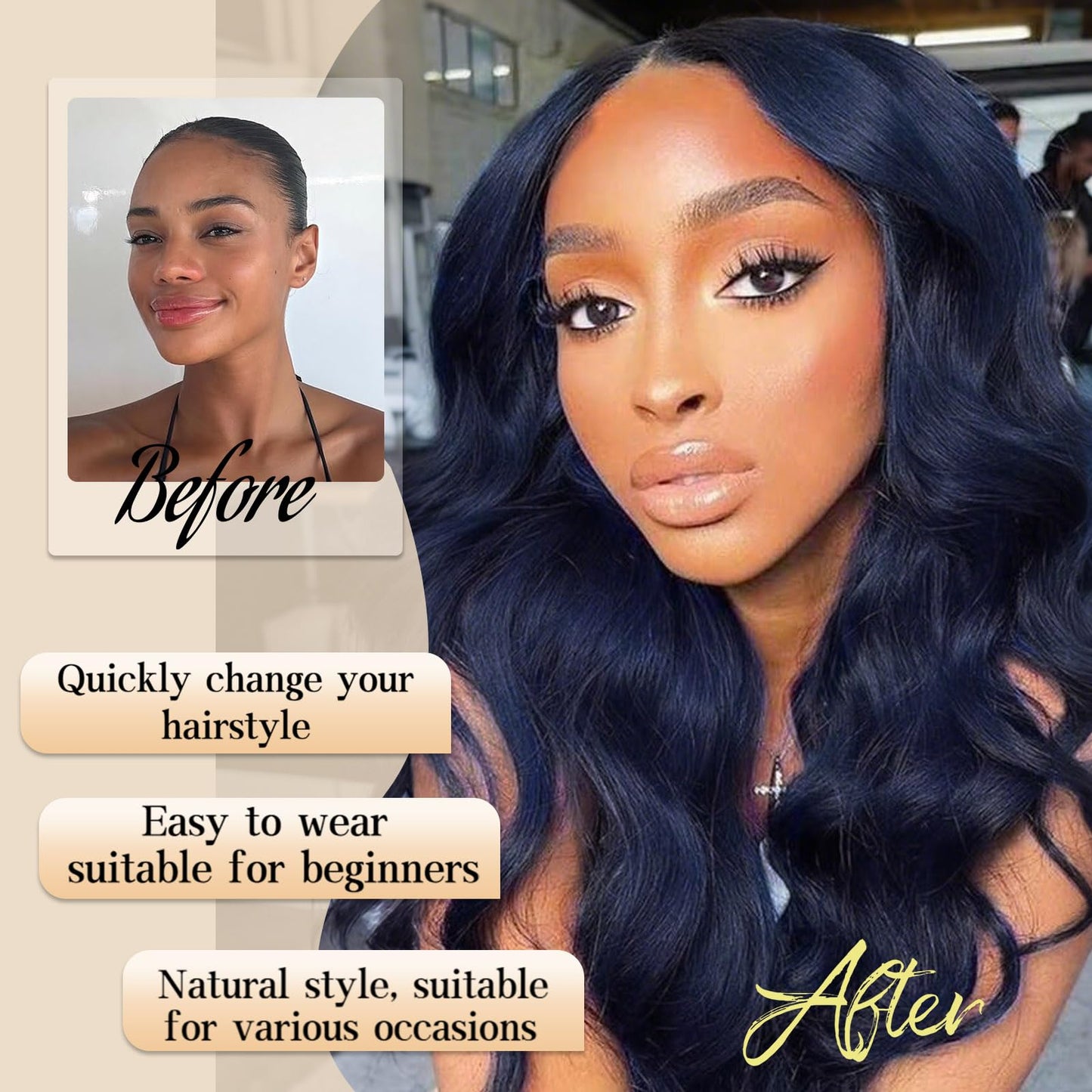 AISI HAIR Dark blue Wigs for Women, Long Wavy Lace Hairline Middle Part Synthetic Heat Resistant Wig for Daily Party-26 Inch