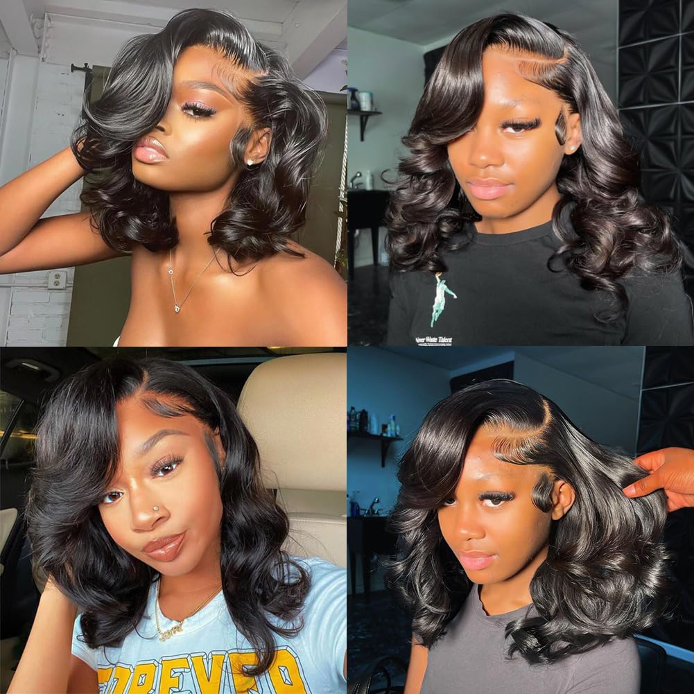 A FUTURE TONGMEI 16 Inch Body Wave Bob Wig Human Hair 13x4 HD Lace Frontal Bob Wigs Human Hair Free Part 180% Density Loose Wavy Bob Lace Front Wigs Human Hair for Black Women Glueless Natural Black
