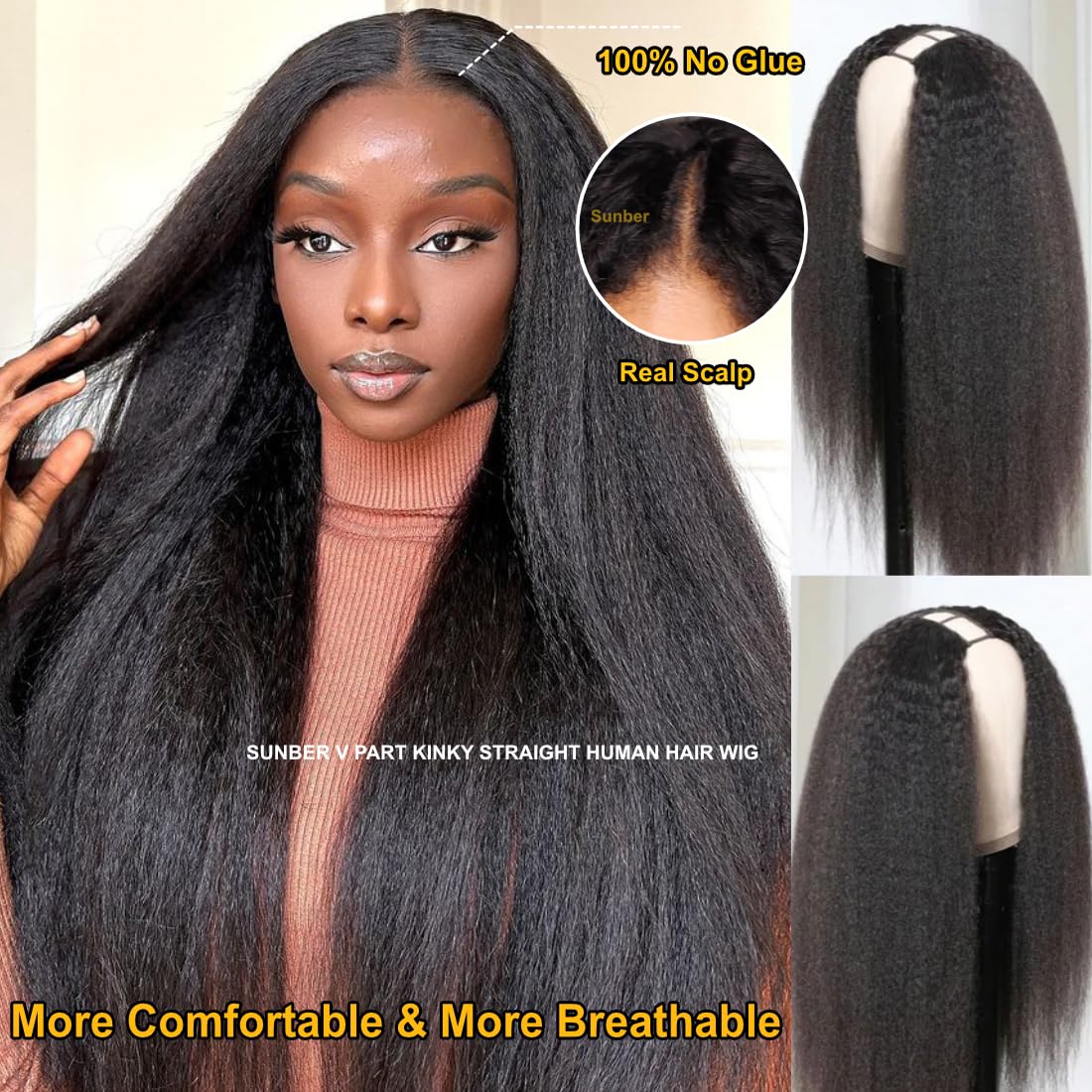 Sunber V Part Wig Human Hair Glueless Wig Kinky Straight Upgrade No Leave Out Vpart Kinky Straight Wigs 150% Density Glueless Clip in Half Wigs No Glue No Sew in Beginner Friendly 22Inch
