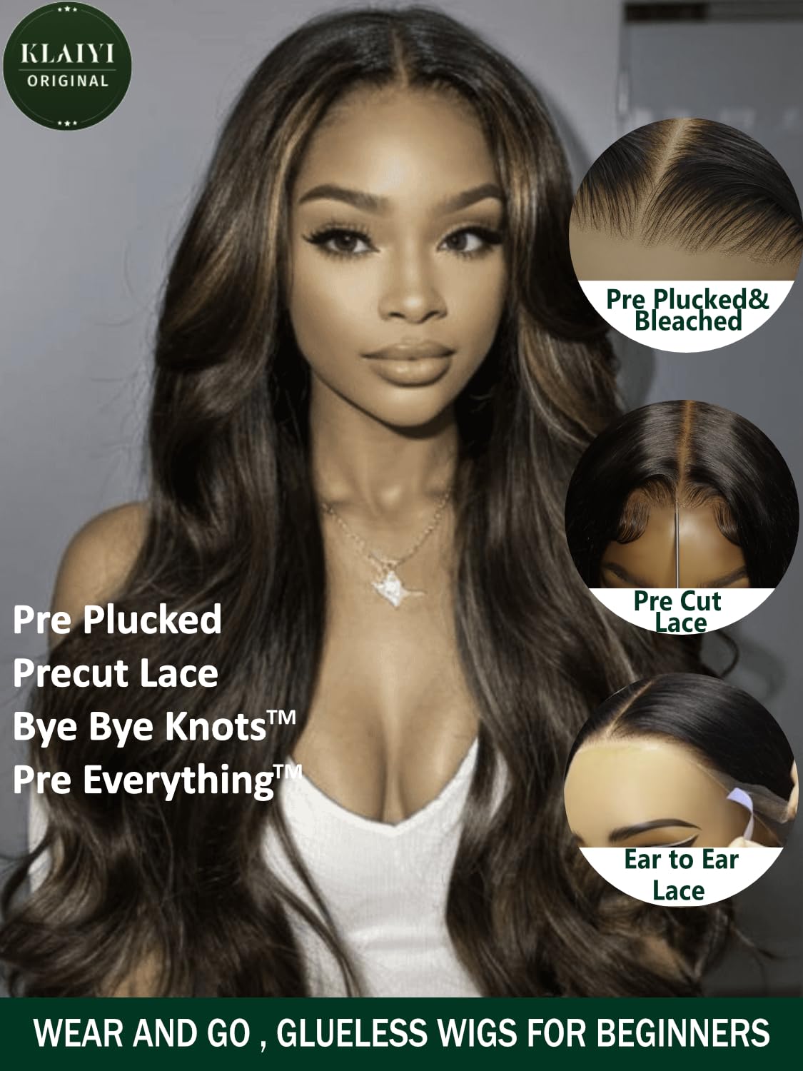 KLAIYI 13x4 Pre Everything Lace Front Chocolate Brown With Highlights Loose Body Wave Wig Human Hair Pre Cut Lace Pre Bleached Bye Bye Knots Pre Plucked Ombre Glueless Wear Go Wig Ready to Wear 26Inch