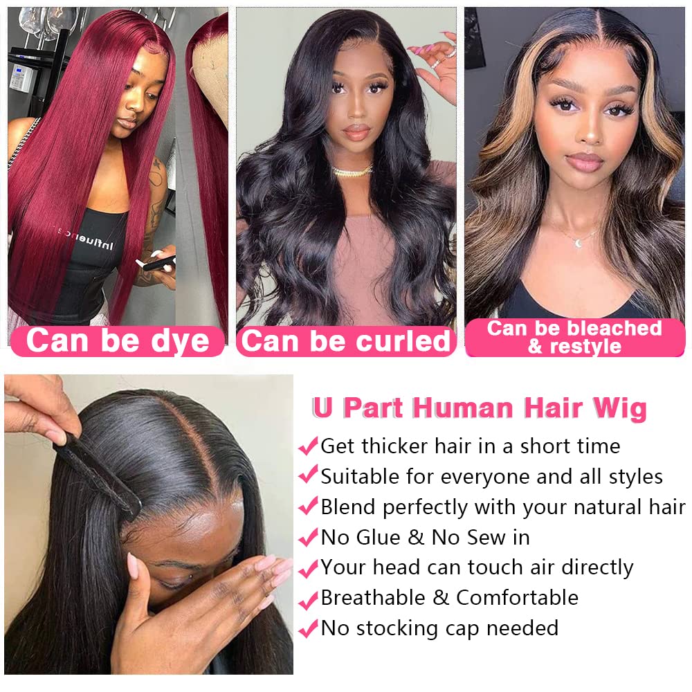 Sooolavely 18 Inch U Part Human Hair Wigs for Black Women Straight Beginner Friendly Unprocessed Brazilian Virgin Human Hair Wig Glueless Hair 180% Density Natural Color