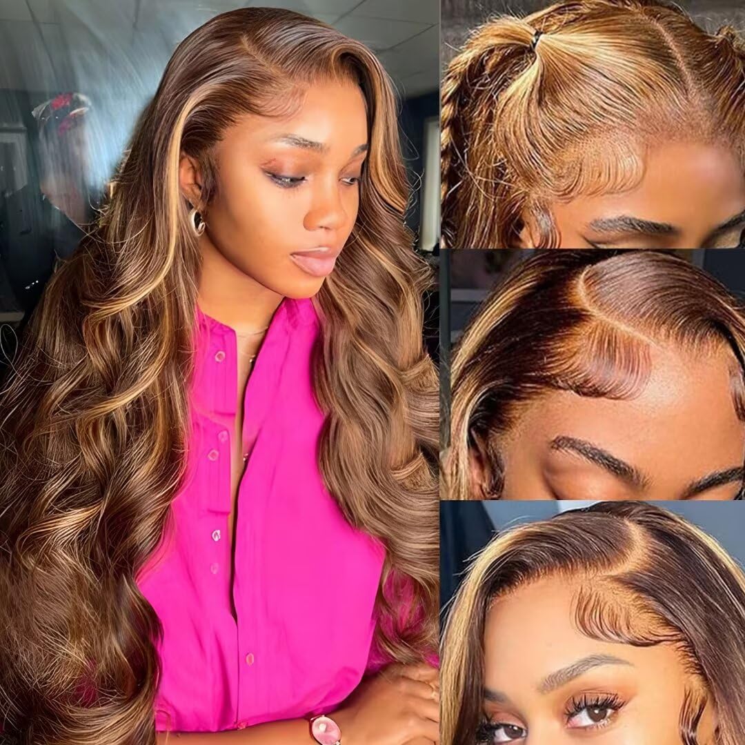 Yeeaak 32Inch Highlight Ombre Lace Front Wigs Human Hair 13x6 4/27 Highligt Body Wave Frontal Wig HD Transparent Lace Pre Plucked with Baby Hair 180% Density Glueless Honey Blonde Wig for Women