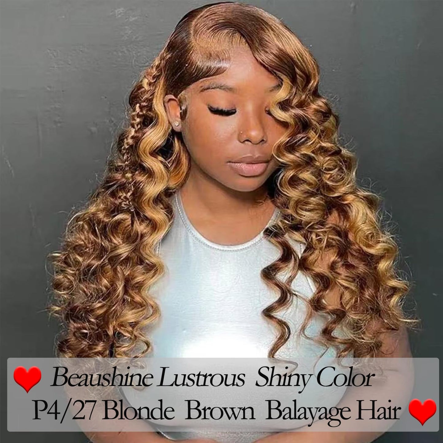 P4/27 Human Hair Bundles with Closure Loose Deep Wave Hair-12 14 16+12inch 4x4 Loose Wave Lace Closure with Bundles, 10A Raw Brazilian Quick Weave Human Hair Honey Blonde Brown Ombré Highlighted Color