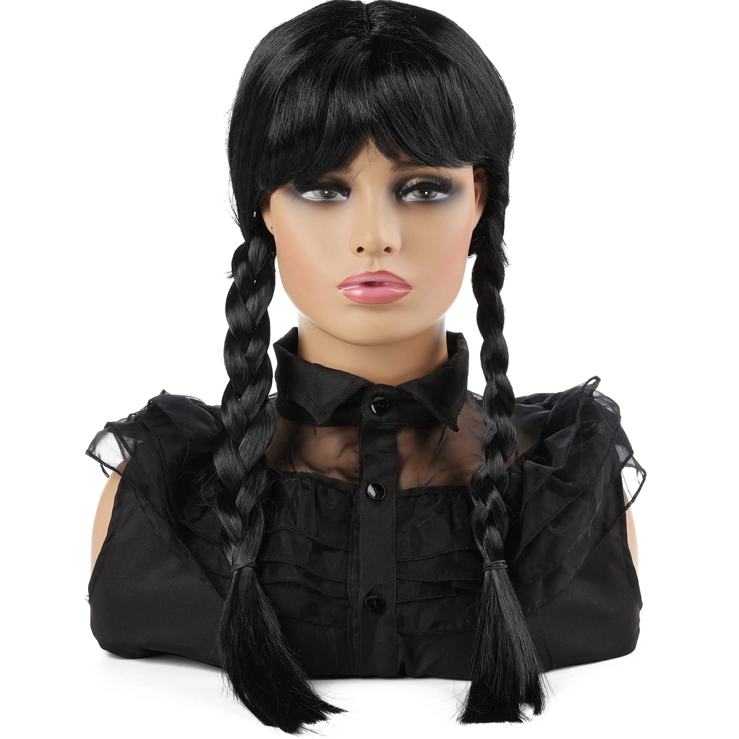 WanBigVa Long Black Braided Wig with Bang for Kids Girls Gothic Party Cosplay Hair for Halloween Costume Dress-up