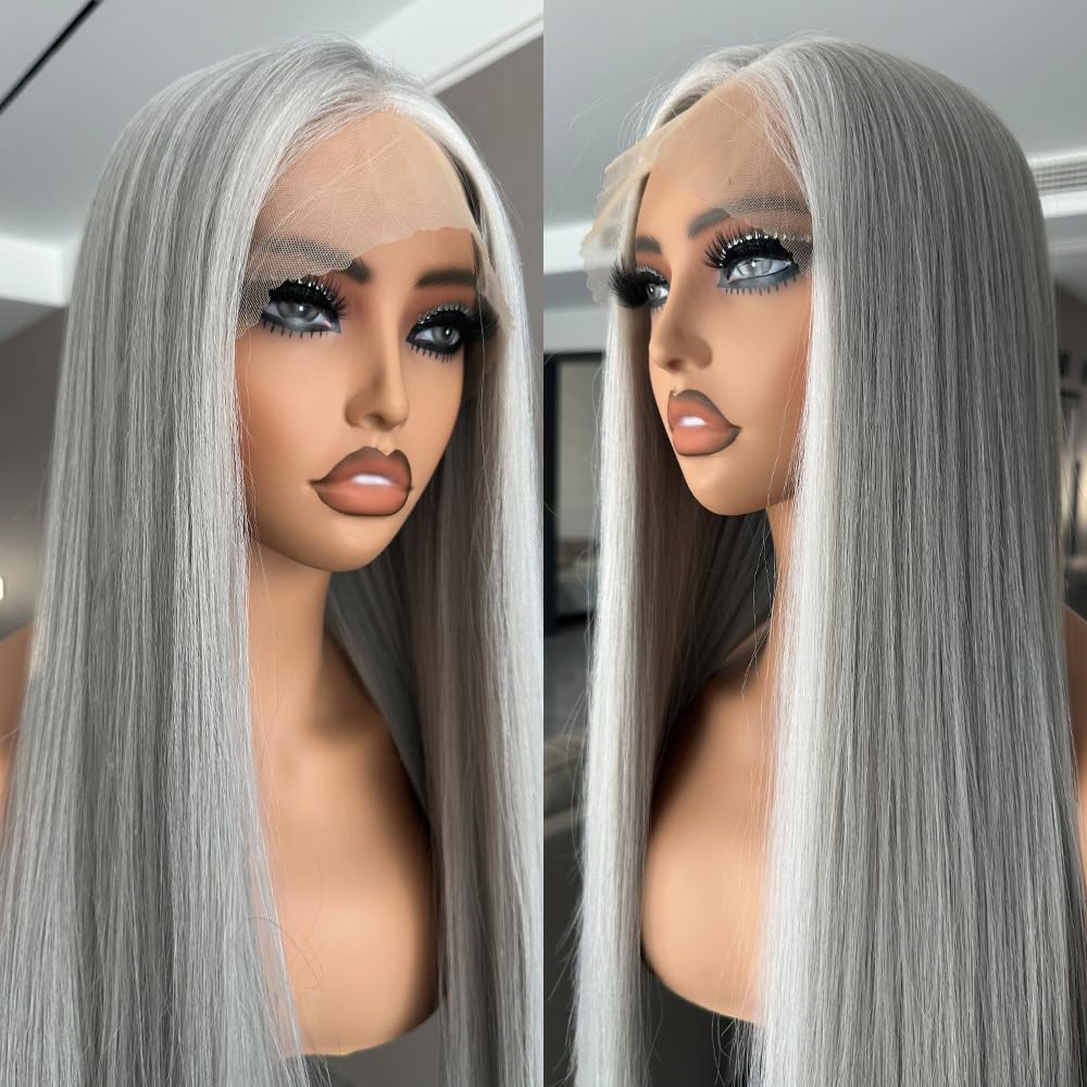 ZAVIDE 30 INCH Lace Front Wig Silver 13X5X1 Lace Front Wig Gray Synthetic Pre Plucked Natural Hair Line Ready to Wear SunKissed HD Lace Daily Wig
