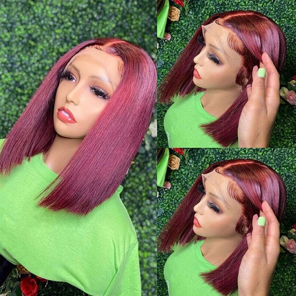 99J Lace Front Wigs Human Hair 8 inch Brazilian Burgundy Straight 13x4 HD Transparent Lace Bob Wig Human Hair Glueless Frontal Wigs Pre Plucked 180% Density Short Bob Wig Human Hair With Baby Hair