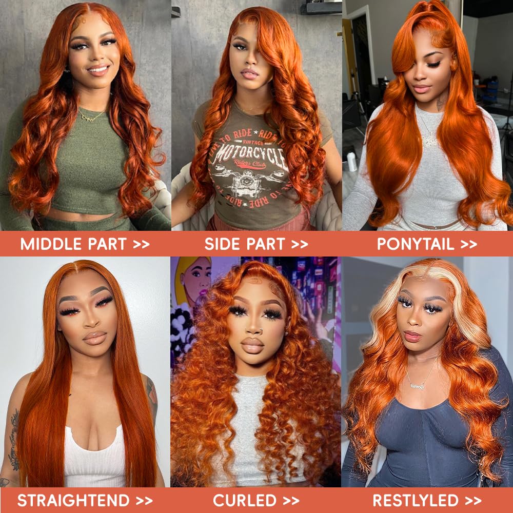 Ginger Lace Front Wig Human Hair Pre-Plucked 200% Density Body Wave HD Lace Frontal Wig 88J Colored Ginger Human Hair 13x4 Lace Front Wig Glueless 34 Inch