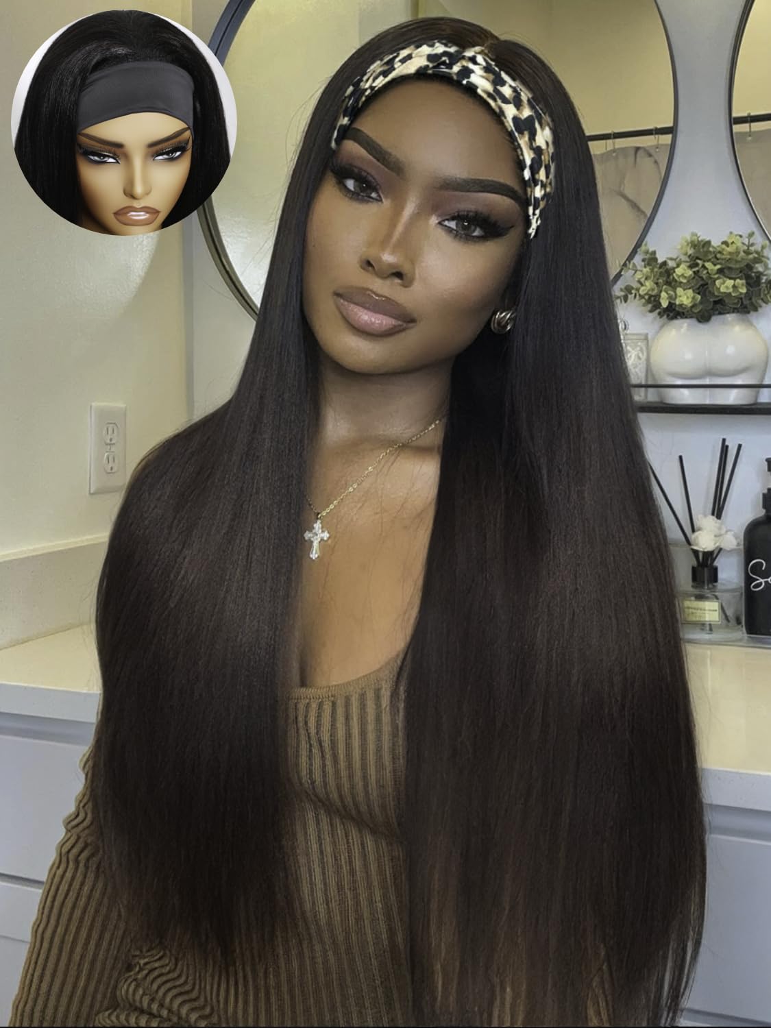 KLAIYI Ombre Brown Yaki Straight Headband Wig Human Hair Glueless Wear and Go Wig with Dark Roots Drawstring Chestnut Kinky Clip In Half Wigs for Black Women No Lace No Glue 30S Ready to Wear 26Inch