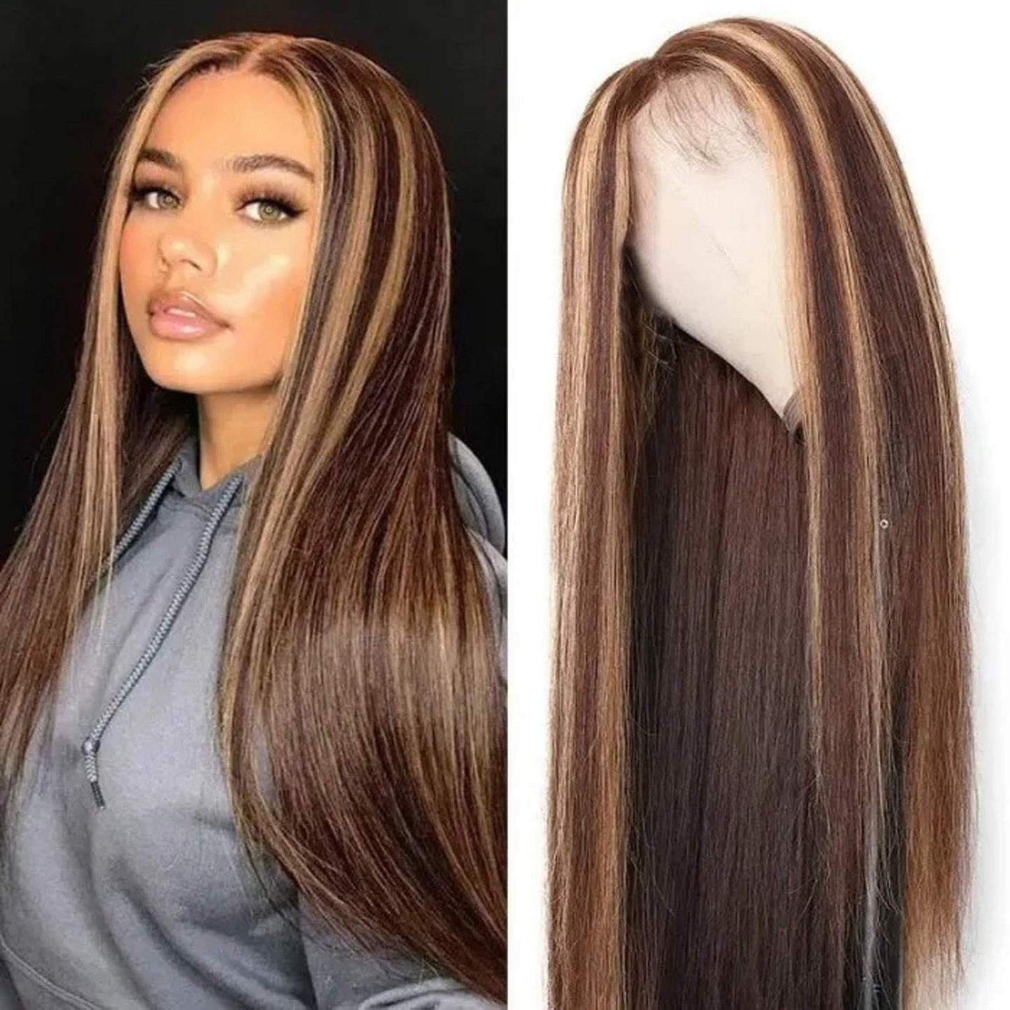Design Hair Products Women Middle Highlights Wigs Long Part for Synthetic Brown Blonde Straight Mixed wig Osier Hair(A,16)